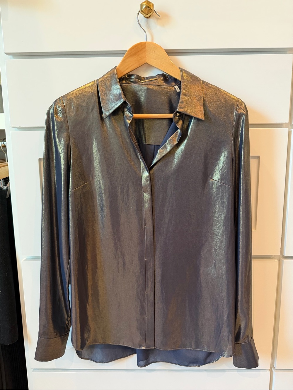 Elie Tahari Metallic Gray/Blue Button-Up Shirt - Women